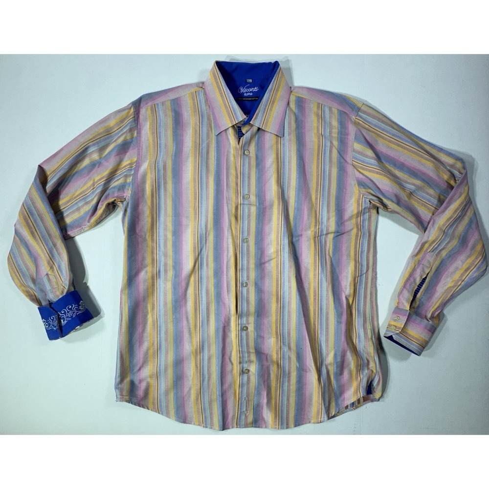 Visconti Uomo Shirt XL Multicolor Stripe Button Up 2 Ply Cotton Contrast Cuff
